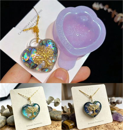 Handmade Puffy Heart-Shaped Tree of Life Necklace with Hole Resin Mold