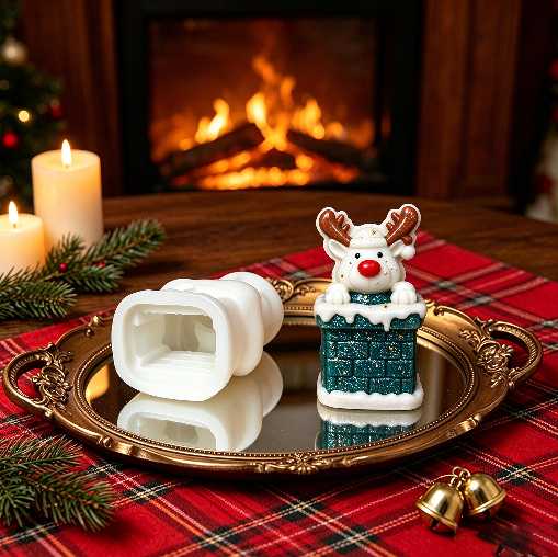 Cute Reindeer Resting on Chimney Christmas Figurine Resin Mold