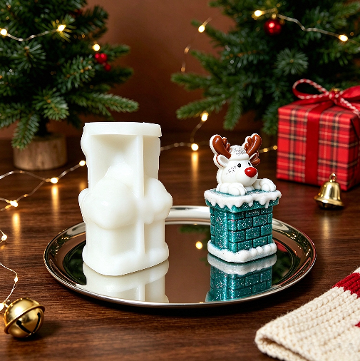 Cute Reindeer Resting on Chimney Christmas Figurine Resin Mold