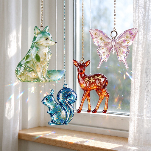 Handmade Diamond-Cut Woodland Animal Half-3D Pendant Resin Mold Set with Hanging Holes