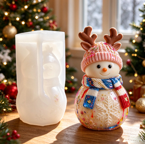 Snowman Figurine Resin Mold with Reindeer Antler Hat