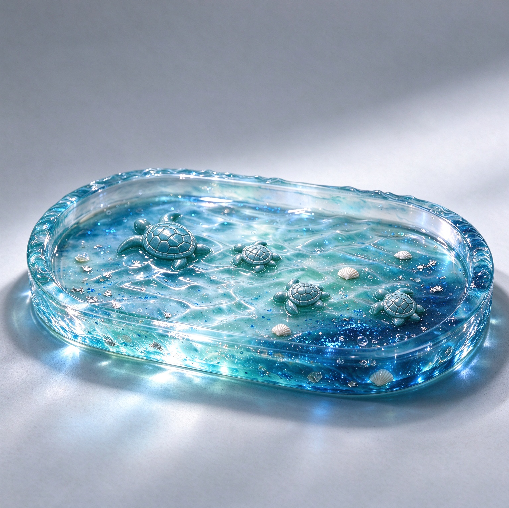 【VIP EXCLUSIVE】 Handmade Large Water Ripple Oval Tray with 3D Mini Turtle Resin Mold