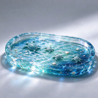 【VIP EXCLUSIVE】 Handmade Large Water Ripple Oval Tray with 3D Mini Turtle Resin Mold