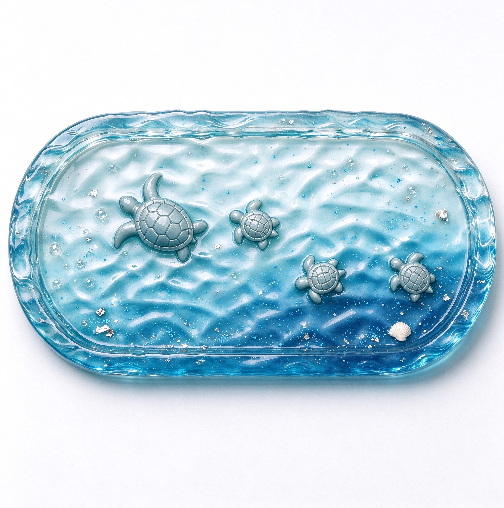 【VIP EXCLUSIVE】 Handmade Large Water Ripple Oval Tray with 3D Mini Turtle Resin Mold