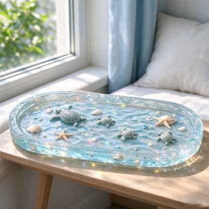【VIP EXCLUSIVE】 Handmade Large Water Ripple Oval Tray with 3D Mini Turtle Resin Mold