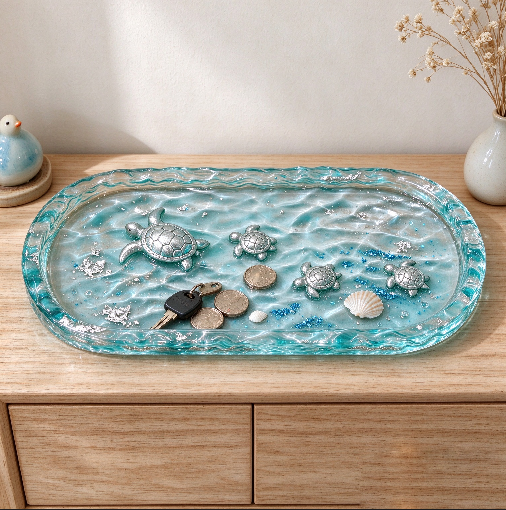 【VIP EXCLUSIVE】 Handmade Large Water Ripple Oval Tray with 3D Mini Turtle Resin Mold