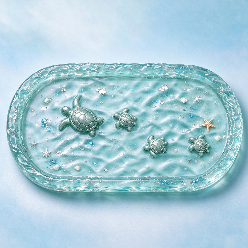 【VIP EXCLUSIVE】 Handmade Large Water Ripple Oval Tray with 3D Mini Turtle Resin Mold