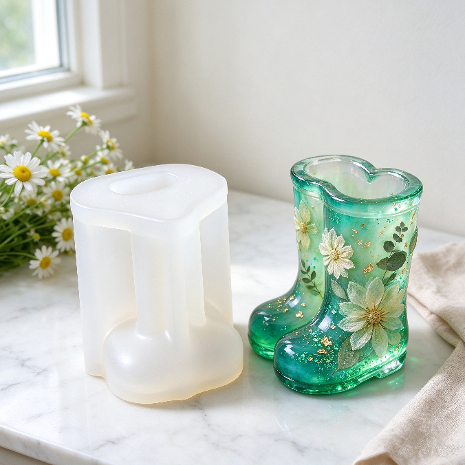 Relief Flower & Leaf Rain Boot Vase Resin Mold