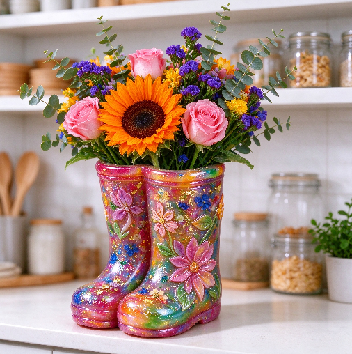 Relief Flower & Leaf Rain Boot Vase Resin Mold