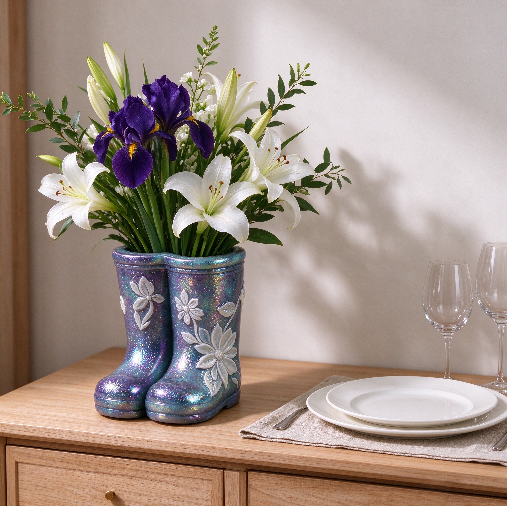 Relief Flower & Leaf Rain Boot Vase Resin Mold