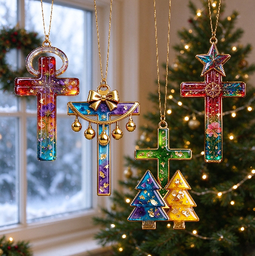 4-in-1 Half-Relief Christmas Cross Ornament Resin Mold Set