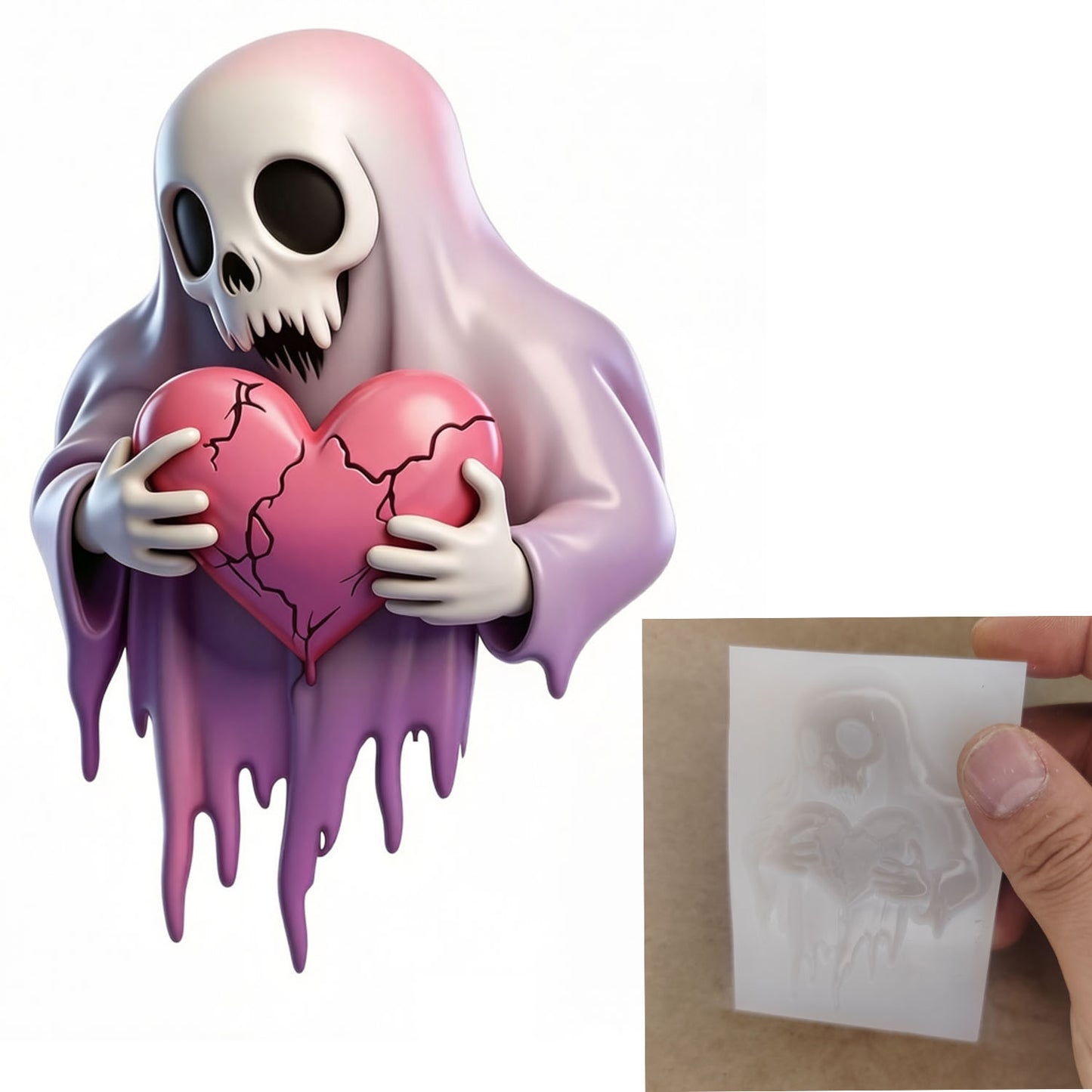 Sad Skull Ghost Holding Broken Heart Figurine Resin Mold