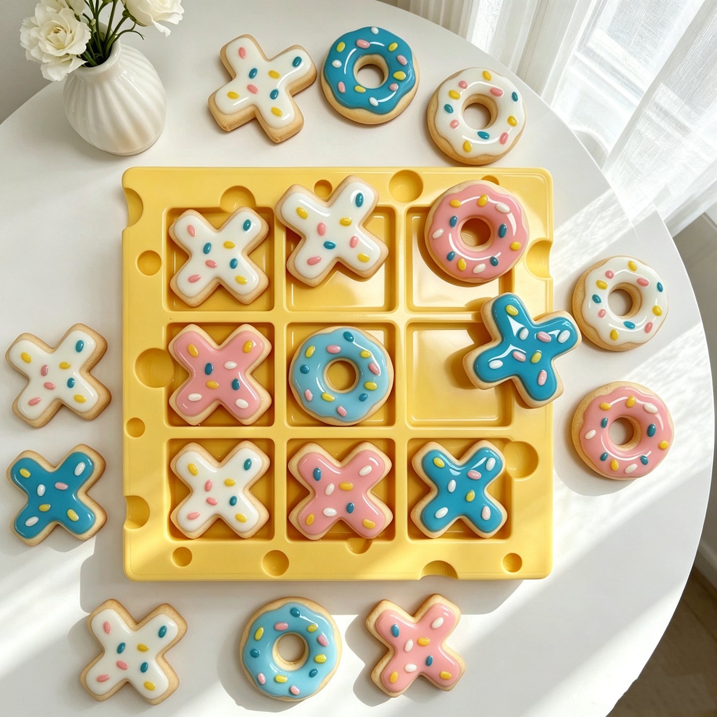 Handmade Cut Donut Tic Tac Toe Resin Mold Set【A cheese-shaped board+donut-inspired game pieces】